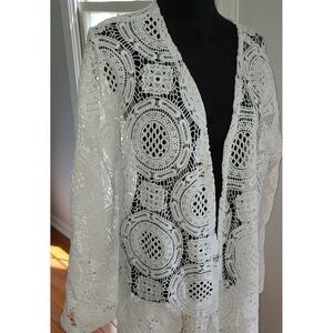 Retro Threads White Cardigan Sz XXL Fringe on Bottom Flare Sleeves BoHo Festival
